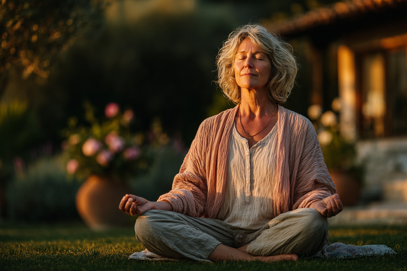 Възрастна жена практикува йога в природата