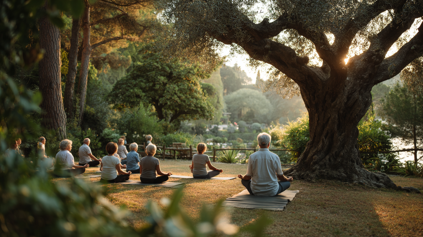 Група възрастни хора практикуват йога на открито в парк